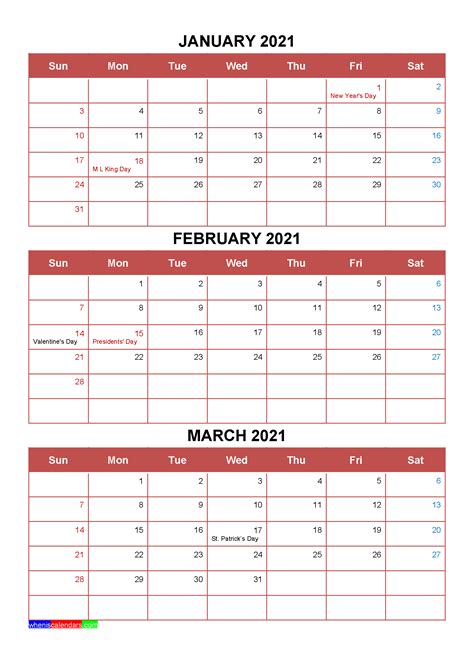 Jan Feb March 2021 Calendar Printable